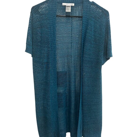 August Silk Teal Open Front Knit Short Sleeve Cardigan Sweater Size L Casual - Picture 1 of 8